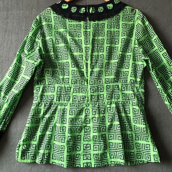 Tory Burch Geometric Tunic Green Black Lace Trim Back Zip - Women's Size 14 - Picture 5 of 13